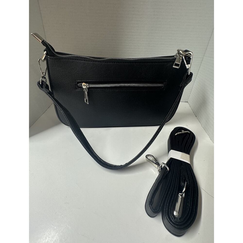 Black Faux Leather Shoulder Bag with Extra Strap Silver Zip Accent Small Purse